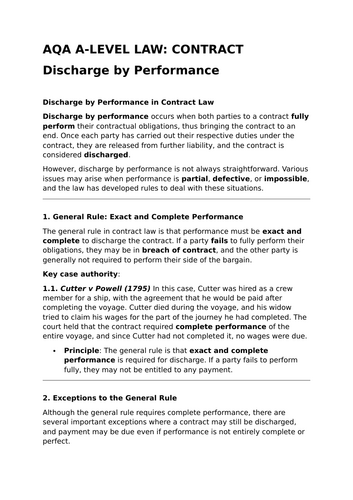 Discharge by Performance - Revision Summary for Contract Law