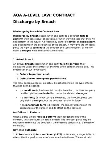 Discharge by Breach - Revision Summary for Contract Law