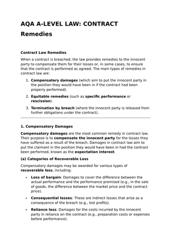 Remedies - Revision Summary for Contract Law