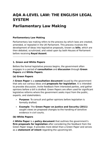 Parliamentary Law-Making - Revision Summary for Law