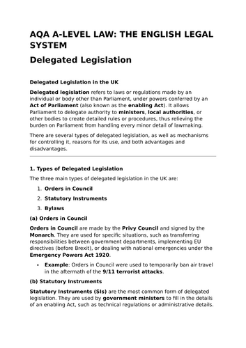 Delegated Legislation - Revision Summary for Law