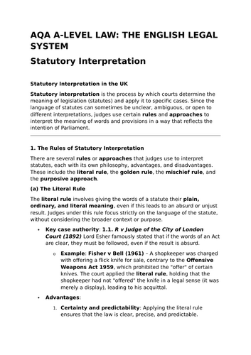 Statutory Interpretation - Revision Summary for Law