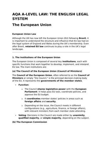 The European Union - Revision Summary for Law