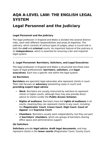 Legal Personnel and the Judiciary - Revision Summary for Law