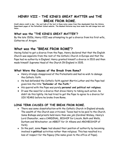 AQA A Level History - Tudors - Henry VIII - 10 lessons and essays ...