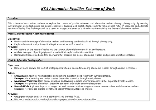 KS4 GCSE Photography Alternative Realities Scheme of Work (SOW ...