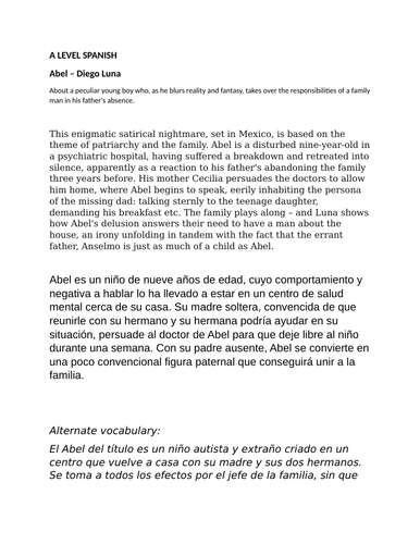 A LEVEL SPANISH revision sheet "Abel" | Teaching Resources