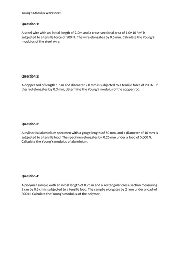 BTEC Applied Science Unit 5  Physics C2 Young's Modulus Worksheet