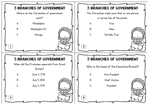 3 Branches Of Government Task Cards Civics Review | Teaching Resources