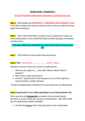 BTEC TECH Award Music Component 1 - Student Support Sheet