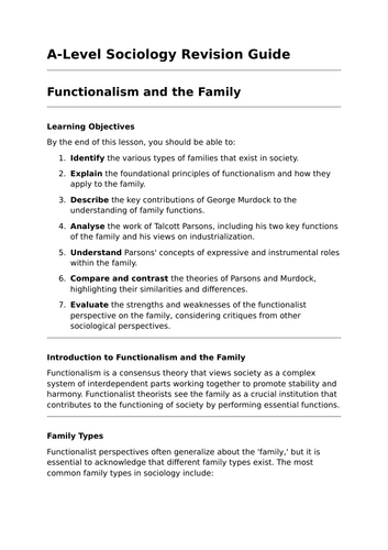 Functionalism and the Family - Lesson for A-Level Sociology