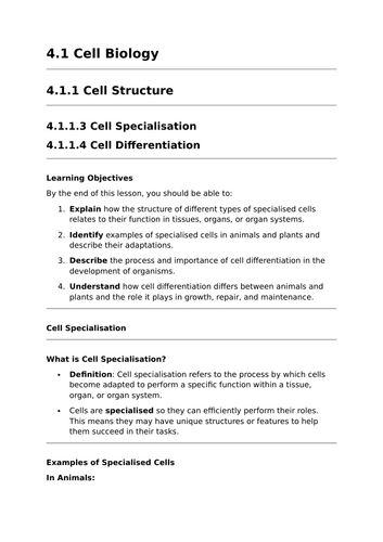 Cell Specialisation and Differentiation - Lesson for GCSE Biology