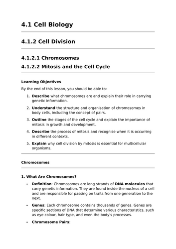 Chromosomes, Mitosis and the Cell Cycle - Lesson for GCSE Biology