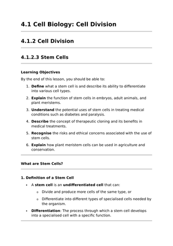 Stem Cells - Lesson for GCSE Biology