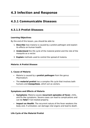 Protist Diseases - Lesson for GCSE Biology