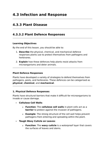 Plant Defence Responses - Lesson for GCSE Biology