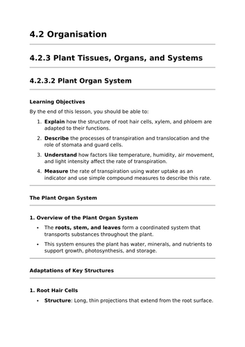 Plant Organ System - Lesson for GCSE Biology