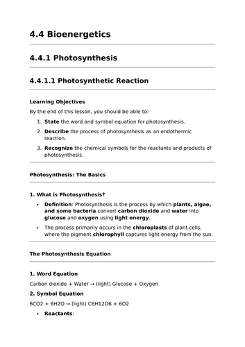 Photosynthetic Reaction - Lesson for GCSE Biology