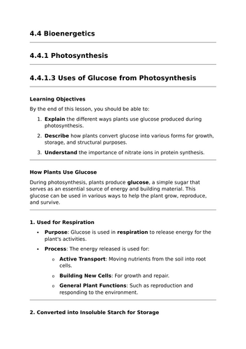 Uses of Glucose - Lesson for GCSE Biology