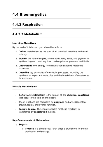 Metabolism - Lesson for GCSE Biology