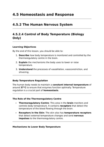 Control of Body Temperature - Lesson for GCSE Biology