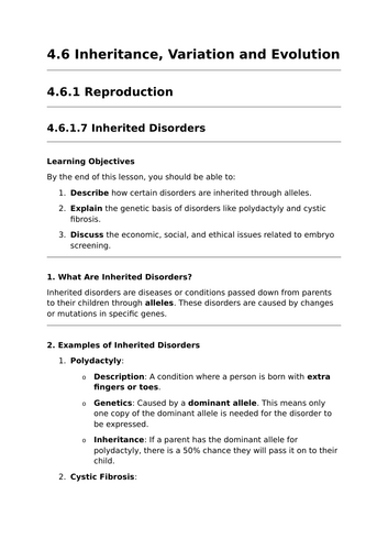 Inherited Disorders - GCSE Biology Lesson