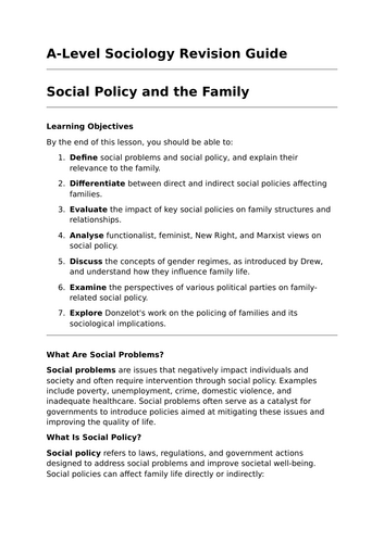 Social Policy and the Family - A-Level Sociology