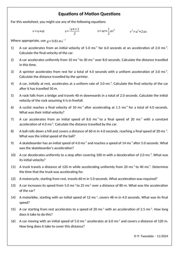 SUVAT Equations of Motion Practice | Teaching Resources