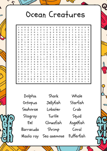 Ocean Creatures - Word Search  No Prep Activity Printable Worksheet