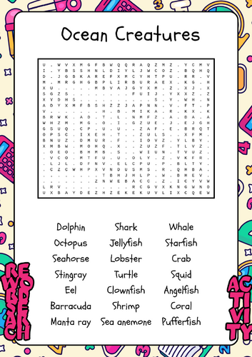 Ocean Creatures - Reverse Word Search No Prep Activity Printable Worksheet