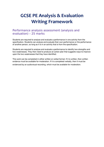AQA GCSE PE Coursework - Analysis Writing Framework | Teaching Resources