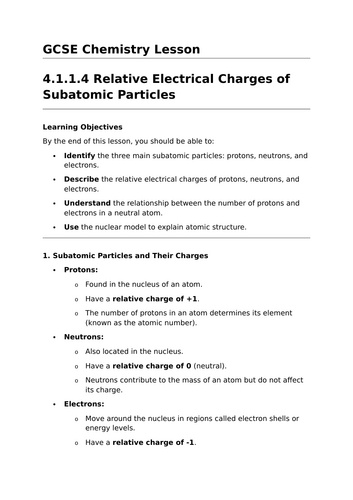 Relative Electrical Charges of Subatomic Particles - GCSE Chemistry Lesson