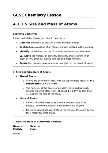 Size and Mass of Atoms - GCSE Chemistry Lesson