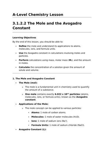 The Mole and the Avogadro Constant - A-Level Chemistry Lesson