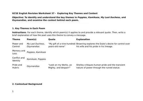GCSE English Exploring Themes and Language in Poppies, Kamikaze, My Last Duchess, and Ozymandias