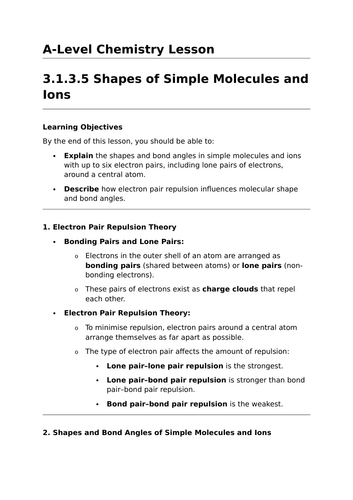 Shapes of Simple Molecules and Ions - A-Level Chemistry