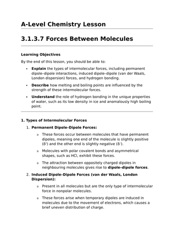 Forces Between Molecules - A-Level Chemistry