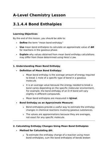 Bond Enthalpies - A-Level Chemistry Lesson