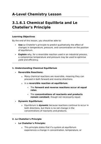 Chemical Equilibria and Le Chatelier's Principle - A-Level Chemistry Lesson