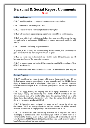 Report Writing - Personal and Social Report Comments