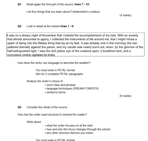 Frankenstein English Language AQA KS3 Paper 1 Q1 Q2 Q3 Exam and Mark ...