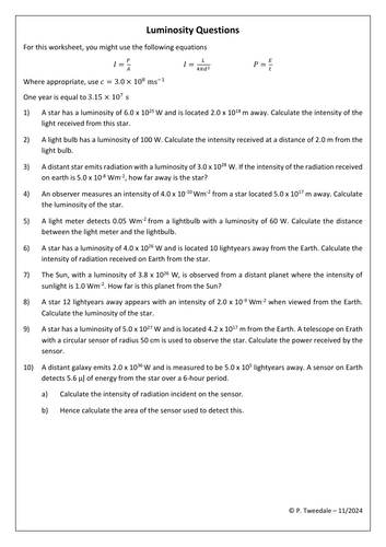 Luminosity Calculations | Teaching Resources