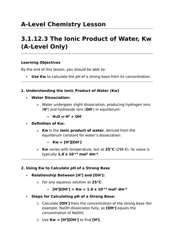 The Ionic Product of Water, Kw - A-Level Chemistry Lesson