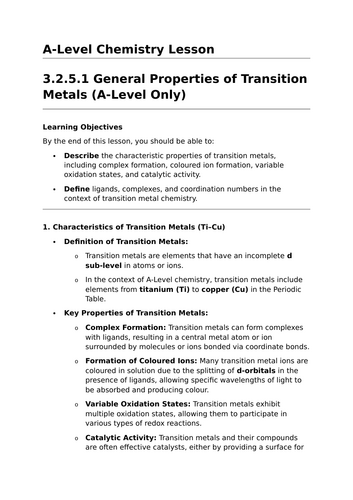 General Properties of Transition Metals - A-Level Chemistry Lesson