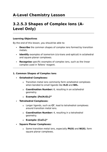 Shapes of Complex Ions - A-Level Chemistry Lesson