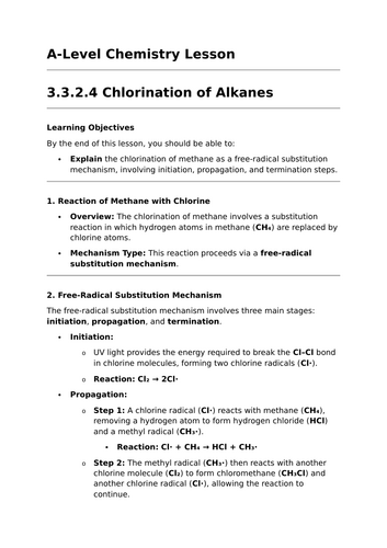 Chlorination of Alkanes - A-Level Chemistry Lesson