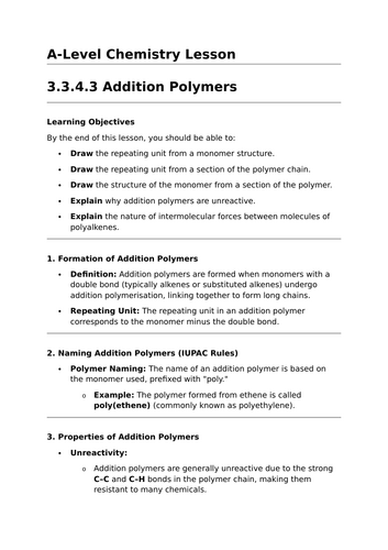 Addition Polymers - A-Level Chemistry Lesson