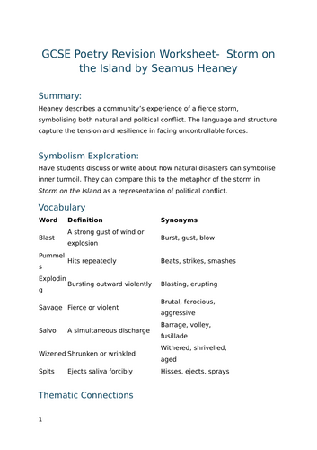 Storm on the Island by Seamus Heaney - GCSE Poetry Revision Worksheet ...