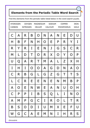 Elements from the Periodic Table Word Search + Answers