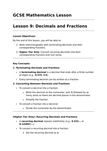 Decimals and Fractions - GCSE Maths Lesson